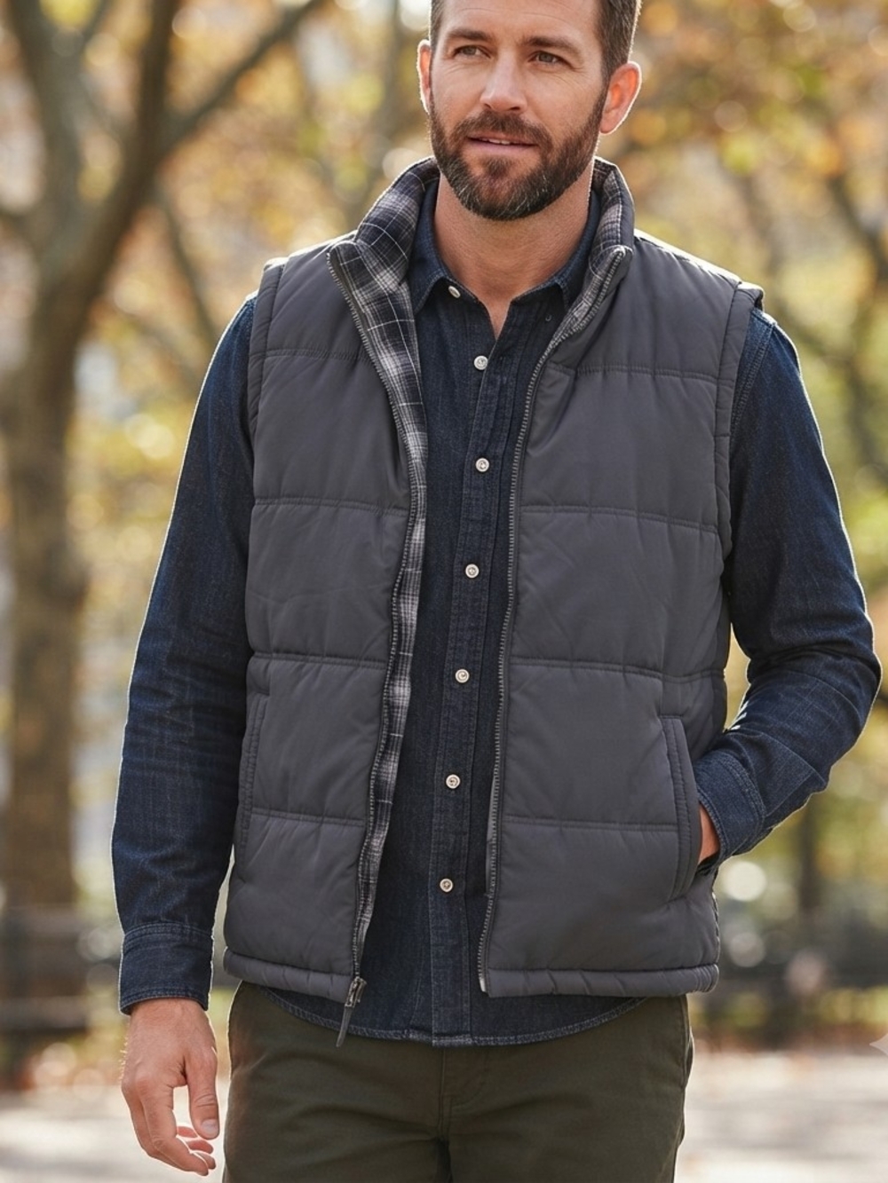 Weatherproof Gray Quilted Puffer Vest with Plaid Trim